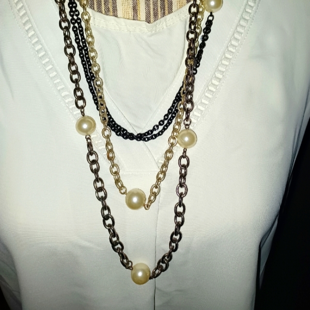 15" Vintage pearls and chain layered necklace